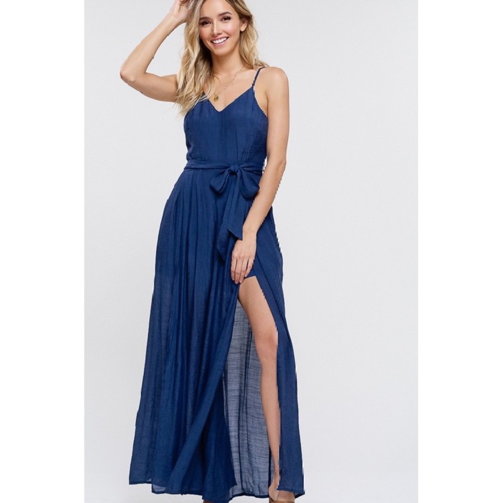 Textured split leg jumpsuit - Navy